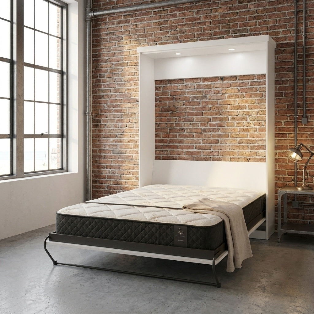 Painted Murphy bed open in a guest room