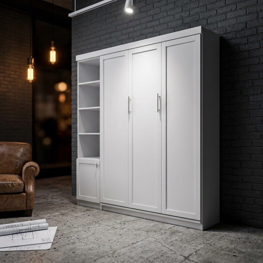 Murphy bed closed beside a home office desk