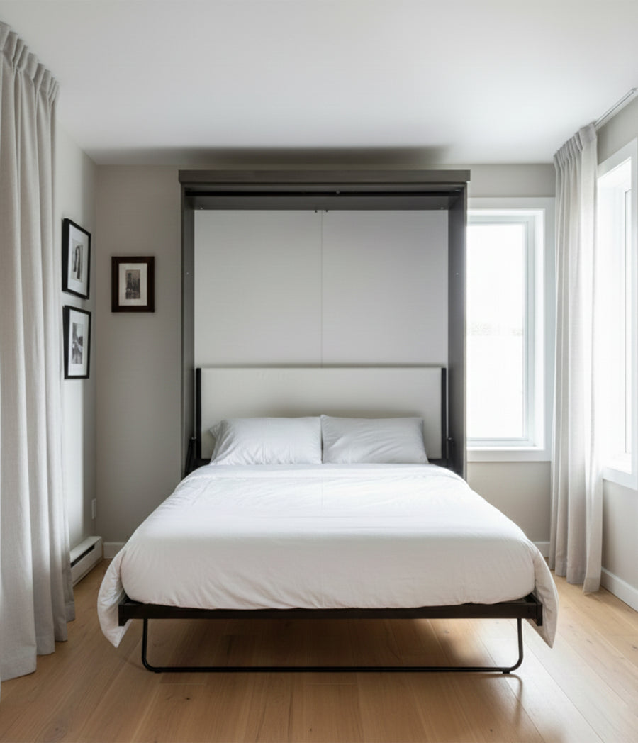 Murphy bed with built-in shelving from Douglas Collection space-saving furniture for stylish compact rooms