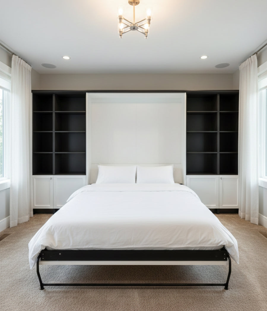 Queen murphy bed with dark shelving and light headboard space saving wall bed from Rockland Collection